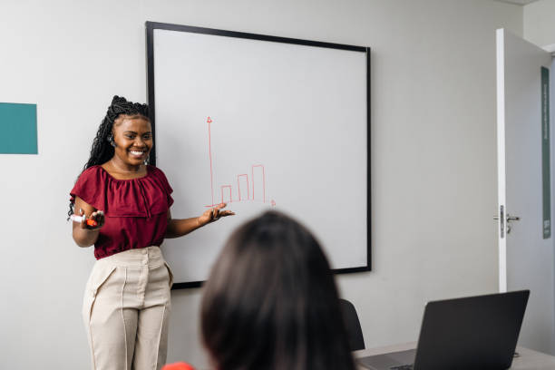 istock Business leader woman during meeting presentation 1432976378