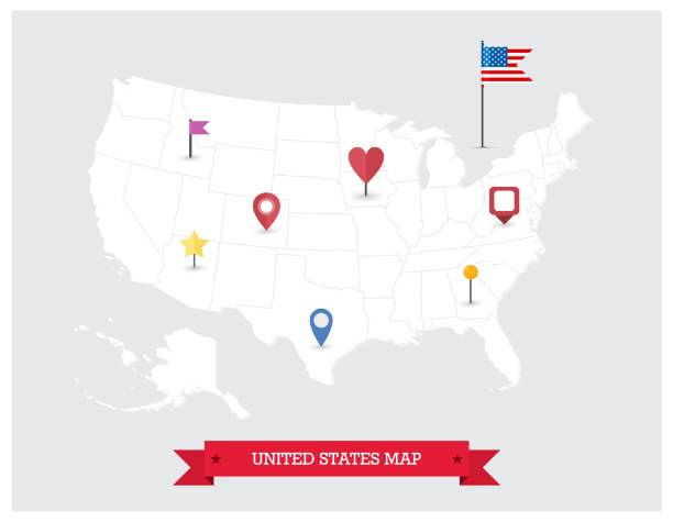 3D USA map and map icons 3D USA map and map icons. USA map with flag and navigation icons. papery stock illustrations