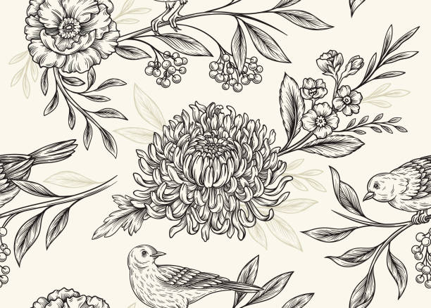 ilustrações, clipart, desenhos animados e ícones de elegante padrão orgânico sem emenda - chrysanthemum