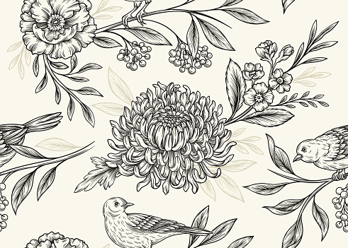 Elegant organic seamless pattern. Linear repeating sketch with birds, Japanese chrysanthemums, plant branches and leaves. Design element for printing on fabric. Cartoon flat vector illustration