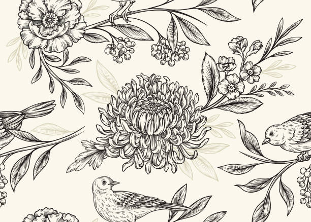 Elegant organic seamless pattern Elegant organic seamless pattern. Linear repeating sketch with birds, Japanese chrysanthemums, plant branches and leaves. Design element for printing on fabric. Cartoon flat vector illustration chrysanthemum stock illustrations