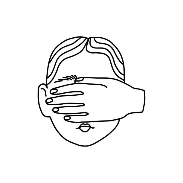 Vector illustration of The hand closes the eyes. Doodle head of a blind person. Hand covering eyes from unnecessary events. Vector illustration with a line of a woman's face who does not want to see what is happening.