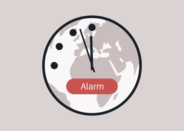 часы судного дня — это метафора, которая предупреждает общественность о том, насколько мы близки к разрушению мира с помощью опасных техно� - doomsday clock stock illustrations