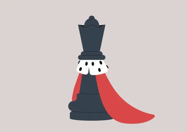 Vector illustration of Chess game, a Queen piece wearing a red royal mantle with white and black fur