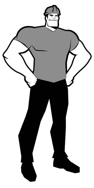 Vector illustration of A  powerful blue-collar worker wearing a work helmet stands with fists on his hip and smiles, Black and White vision