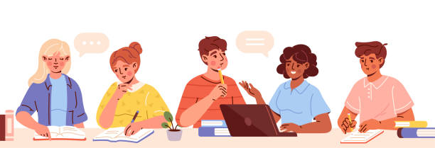 Group of young students Group of students. Guys and girls sit in classroom, study, communicate and gain knowledge. Characters with books and laptops at university. Education and learning. Cartoon flat vector illustration person writing in notebook stock illustrations