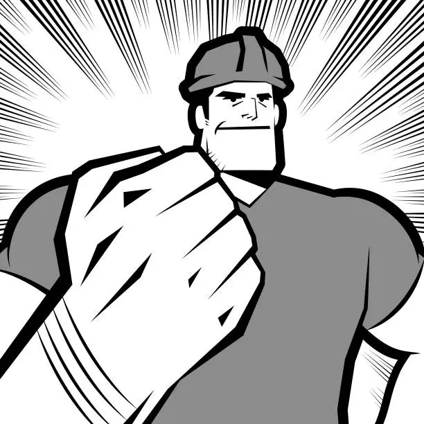 Vector illustration of A powerful blue-collar worker wears a work helmet and raises a fist, comics effects lines background, Black and White vision