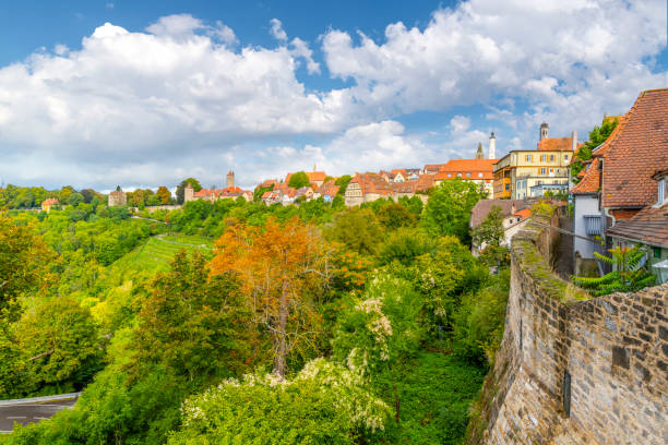 view of the hills, countryside and townscape from the fortified medieval walls of rothenburg ob der tauber, germany, one of the destinations along the romantic road. - fortified wall footpath tower rothenburg imagens e fotografias de stock