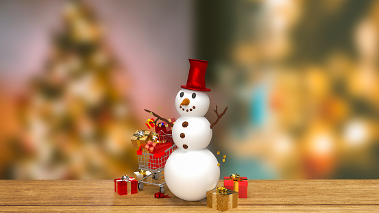 snowman and shopping cart for holiday concept 3d rendering