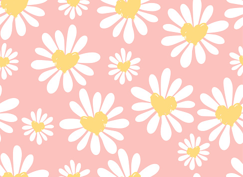 Daisies and hearts seamless pattern. Chamomile flowers. Vector background.