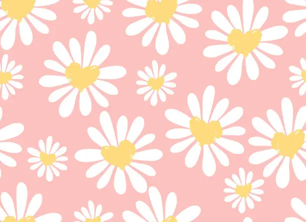 Vector illustration of Daisies and hearts seamless pattern. Chamomile flowers.