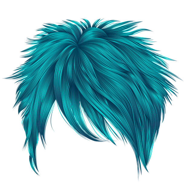 trendige frau kurze haare blaue farben . franse. mode schönheit - perücke stock-grafiken, -clipart, -cartoons und -symbole