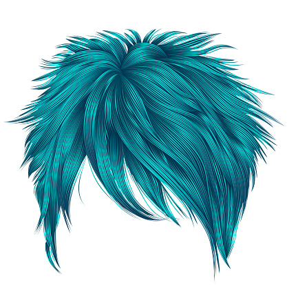 trendy woman short  hairs blue colors . fringe . 
fashion beauty style . realistic  3d .