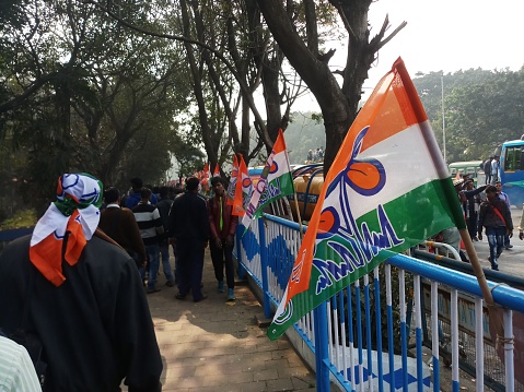 Kolkata, West Bengal, India - 19th January 2019 : Supporters of Trinamool Congress party walking in the political rally.