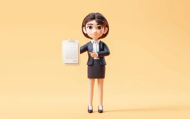 Photo of Business girl with the paper file, 3d rendering.