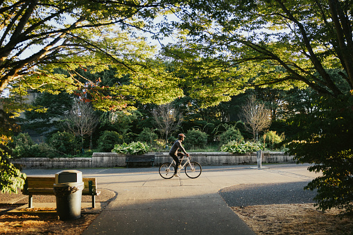 An adult African American man enjoys a bicycle ride on a brisk and sunny autumn day in the Pacific Northwest.   The fall leaves glow in the sunlight. Shot in Seattle, Washington, USA.