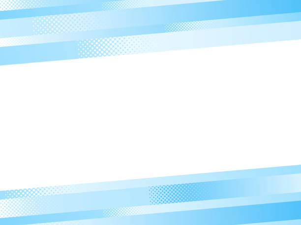 Diagonal top and bottom frames with light blue stripes with half tone dot decoration Diagonal top and bottom frames with light blue various heights stripes with half tone dot decoration header footer template stock illustrations