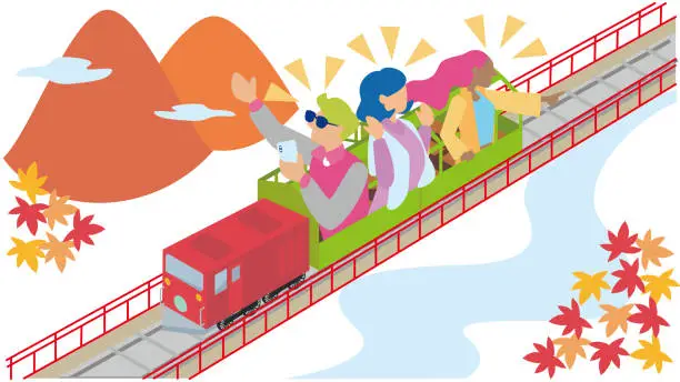 Vector illustration of Foreign tourists enjoying the trolley train (autumn)