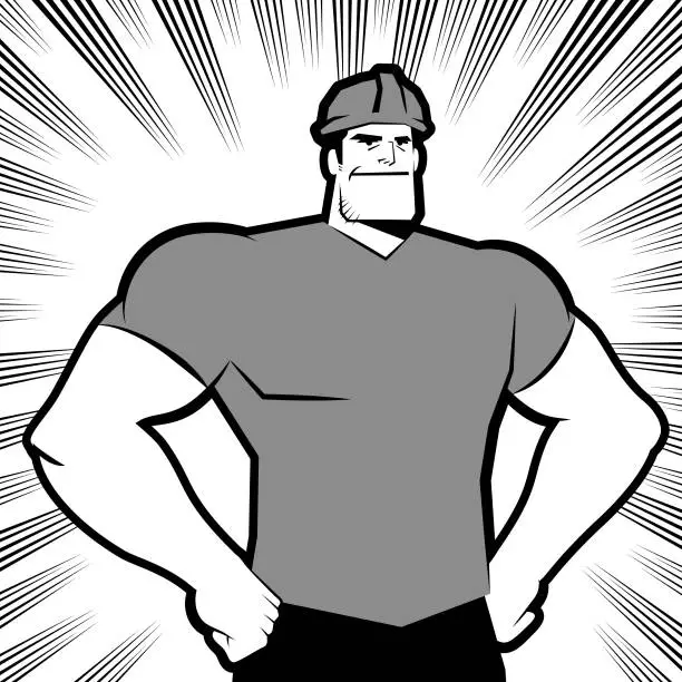 Vector illustration of A powerful blue-collar worker wearing a work helmet stands with fists on his hip, comics effects lines background, Black and White vision