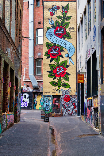 Melbourne, Victoria, Australia - June 26, 2018: Colorful street art by Steen Jones on AC/DC Lane