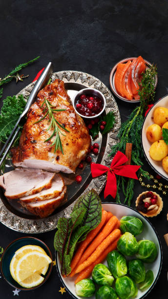 istock Traditional Christmas dinner on dark background. 1433011648