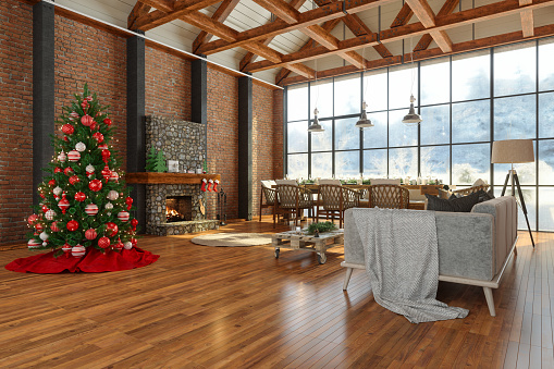 Chalet Interior With Christmas Tree, Gift Boxes, Dining Room And Sofa. Christmas Celebration