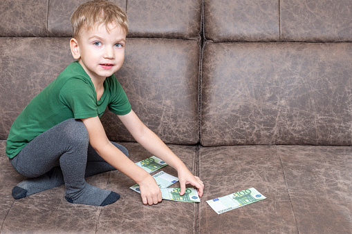 Concentrated caucasian child in casual clothes holds one hundred euros in his hands and counts money on the sofa in the room, side view, copy space. Children's financial and economic education