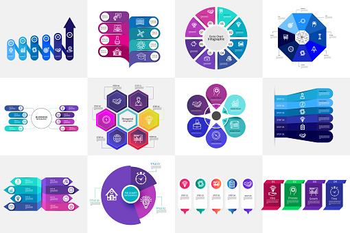 Big collection of colorful infographic. Can be used for workflow layout, diagram, number options, web design. Infographic business concept with options, parts, steps or processes