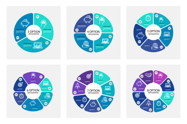 satz von kreisdiagramm-kreis-infografikvorlagen mit 3-8 optionen - pedalantrieb stock-grafiken, -clipart, -cartoons und -symbole