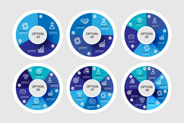 набор круговых диаграмм. коллекция синих диаграмм с разделами или шагами ,3,4,5,6,7,8. иконки кругов для инфографики, пользовательского интерфе� - bit stock illustrations