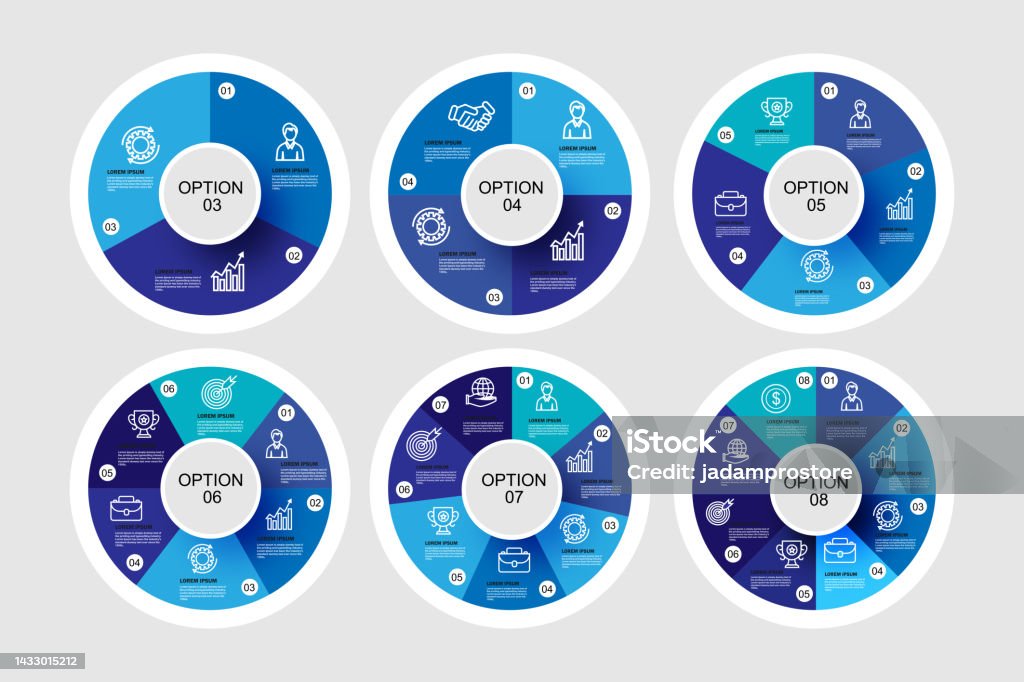 Pie chart set. Blue diagram collection with ,3,4,5,6,7,8 sections or steps. Circle icons for infographic, UI, web design, business presentation - Royaltyfri Infographic vektorgrafik Pie chart set. Blue diagram collection with ,3,4,5,6,7,8 sections or steps. Circle icons for infographic, UI, web design, business presentation - Royaltyfri Infographic vektorgrafik