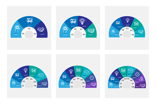 Set of pie chart circle infographic templates with 3-8 options, steps, parts, processes