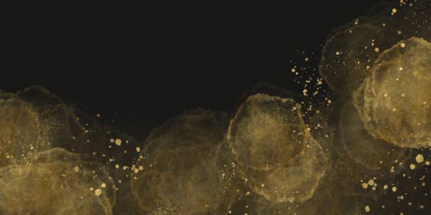 istock Gold watercolor style waves and splashes on black horizontal background. Luxurious dark abstract template. Space for text 1433015782