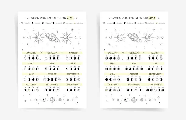 Vector illustration of Set of moon calendar for 2023 and 2024 years. Lunar calendar planner agenda templates. Black and white colors and minimal celestial aesthetic design moon calendars.