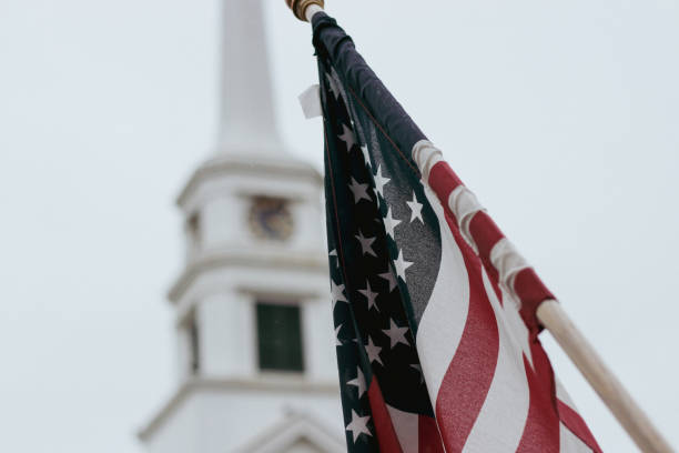 istock American flag in front of church 1433018300