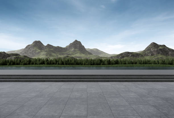 istock Empty concrete floor with mountain and blue sky lake view. 1433018499