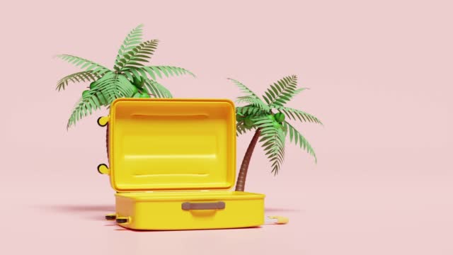 3d animation, yellow open suitcase empty with palm tree isolated on blue background. summer travel concept, 3d render illustration