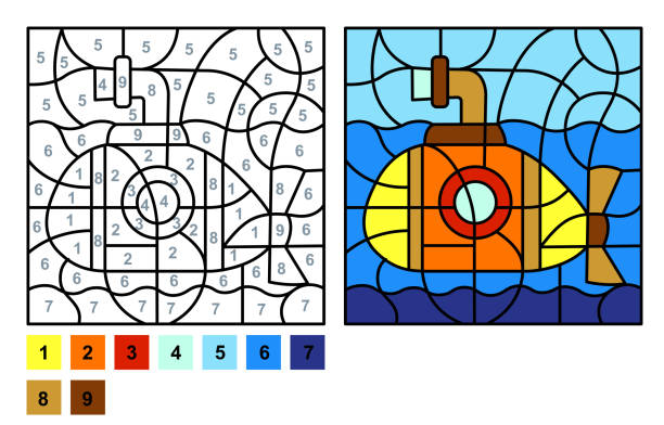 어린이 교육 및 활동을위한 벡터 색칠 공부 페이지. 숫자 잠수함에 의하여 퍼즐 게임 색깔 - color image colored background nautical vessel sea stock illustrations