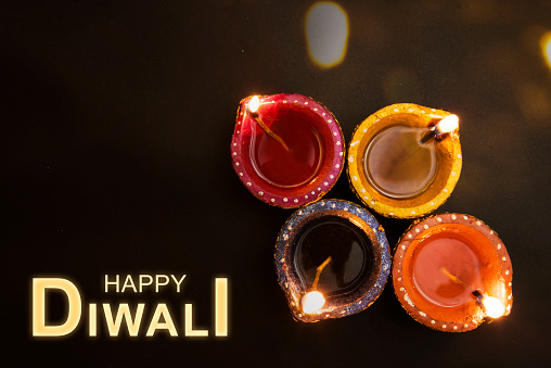 Diya oil lamps for the Diwali festival. Hindu festival of lights celebration. Happy Diwali