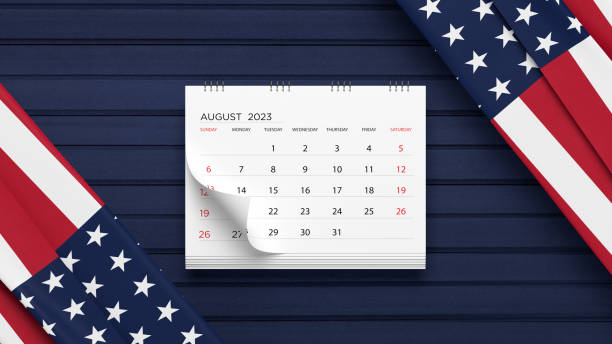 istock White color 2023 August calendar and American flag 1433020394