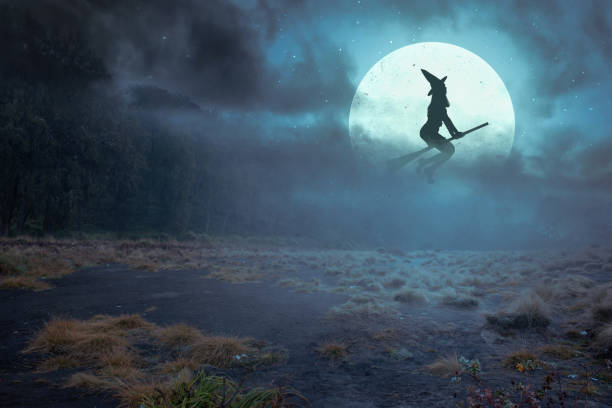 Silhouette of witch woman with a hat flying on a magic broomstick with a full moon background