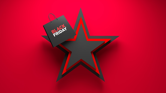 Black and red color stars and shopping bag on red color background horizontal composition isolated with clipping path