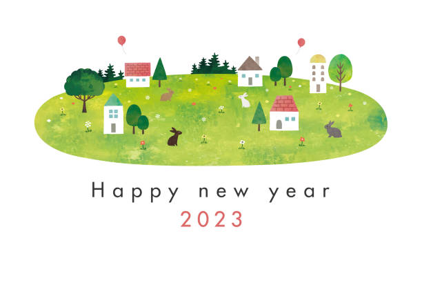 Village of meadows and houses and rabbits watercolor new years card vector art illustration