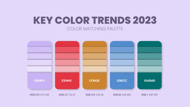 farbtrends 2023 kombinationen und palettenleitfaden. farbschema. beispiel für tabellenfarbtöne in rgb und hex. farbmuster für mode, zuhause, interieur, design. farbkarten-idee. illustrationsvektor. - hex farben stock-grafiken, -clipart, -cartoons und -symbole