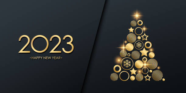 illustrazioni stock, clip art, cartoni animati e icone di tendenza di 2023 banner di lusso per le vacanze di capodanno con albero di natale dorato. nero e oro. - invitation national holiday design black