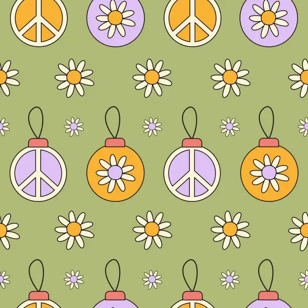 Vector illustration of Christmas seamless pattern with retro groovy balls and daisy flowers on a green background.