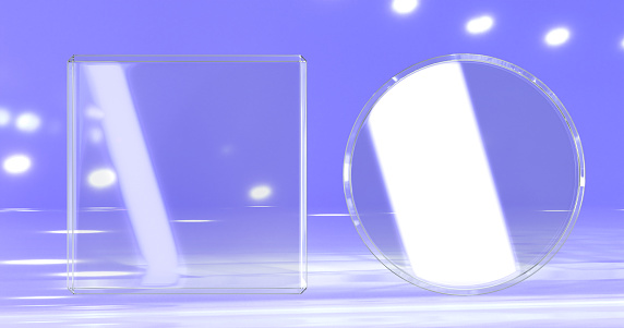 Glass plates set, clear frame square and round shape on blue background. Blank transparent banners of acrylic or plexiglass with glossy effect, geometric crystal plates mockup. 3D render illustration