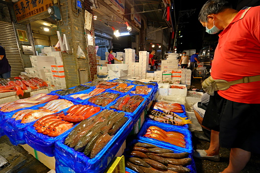 Keelung Taiwan- 26th August 2022: Kanzaiding Fish Market (a mid-night market) in Keelung, Taiwan