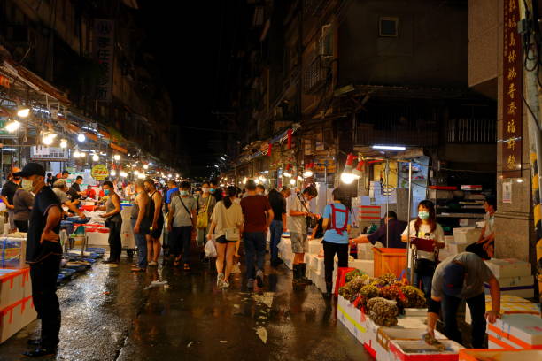 Keelung Taiwan- 26th August 2022: Kanzaiding Fish Market (a mid-night market) in Keelung, Taiwan