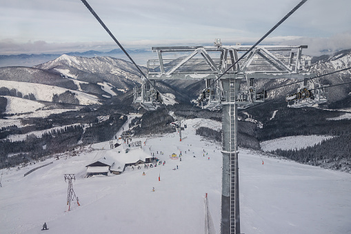 Jasna, Slovakia - Feb 23, 2022: Mountain winter landscape, ski resort Jasna cable car.